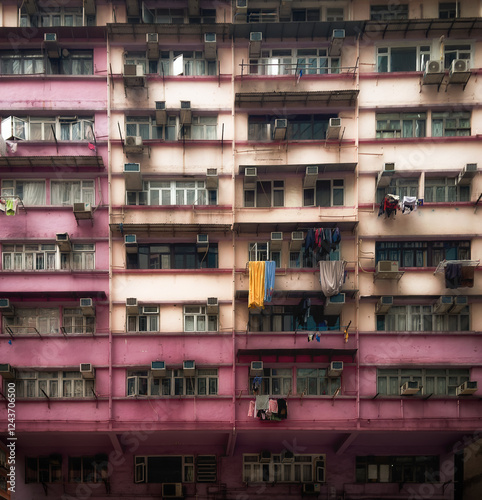 Hong Kong, Hong Kong Island, Jan 29th 2024, close up of a bicolored building on Tai Wong St E in the Wan Chai district photo