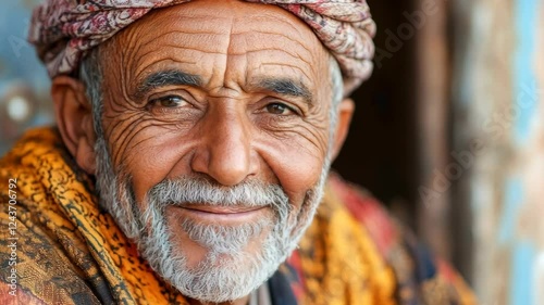 Elderly man in traditional attire smiling warmly in brightly colored garb