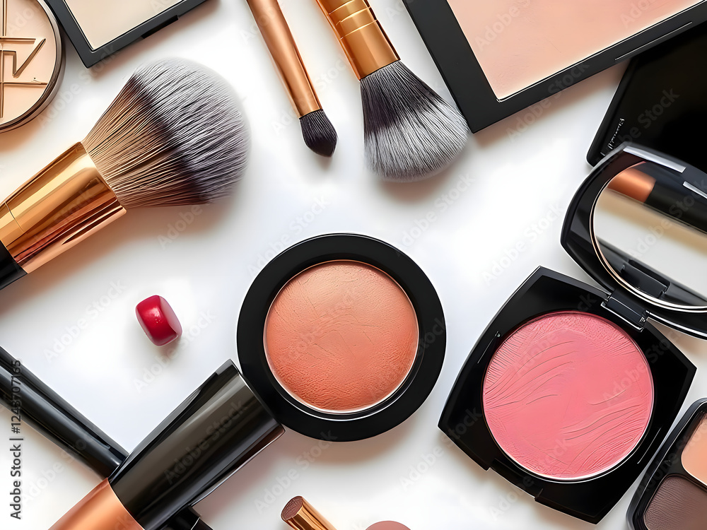 Cosmetic makeup set with brushes, lipstick, eyeshadow, blush, and powder for a glamorous beauty routine Cosmetic makeup set with brushes, lipstick, eyeshadow, blush, and powder for a glamorous beauty routine