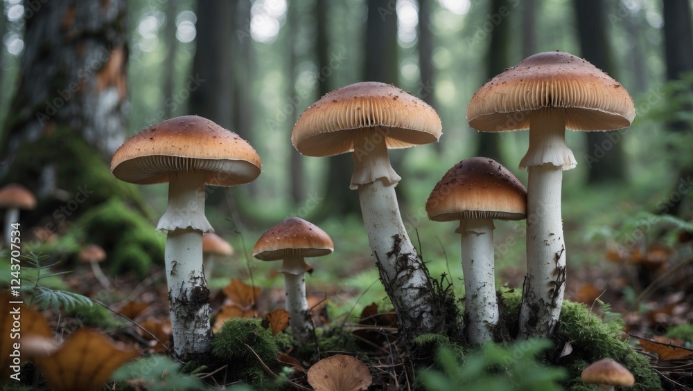 Closeup of old mushrooms growing in a lush forest showcasing their unique textures and colors surrounded by greenery and fallen leaves. Closeup of old mushrooms growing in a lush forest showcasing their unique textures and colors surrounded by greenery and fallen leaves.