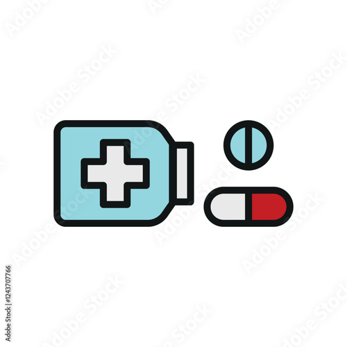 Pill medical icon is a simple vector illustration of a capsule and tablet, perfect for representing medication