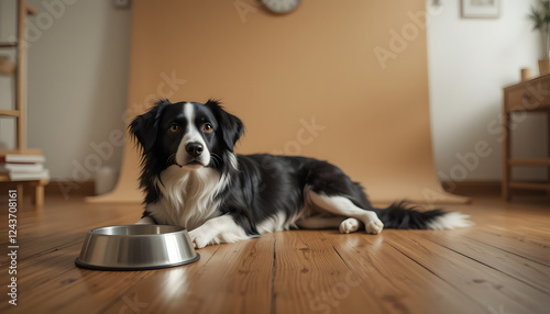 Adorable Border Collie Dog Resting Metal Bowl Food Dish Wooden Floor Pet Dog Indoors photo