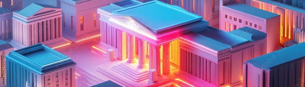 Obraz premium A vibrant, stylized cityscape featuring classical architecture illuminated in neon pink and blue hues.