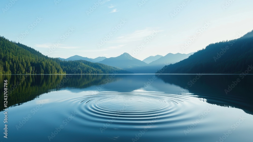 Obraz premium Anxiety Management and mindfulness. Serene lake surrounded by mountains and clear sky, with ripples in the water.