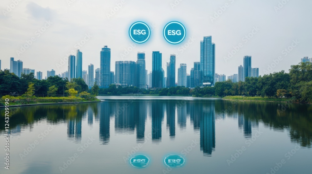 Fototapeta premium ESG sustainability and risk concept, A serene cityscape reflecting on water, highlighting sustainable development themes with 