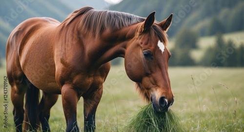 Majestic brown horse grazing on lush green grass in a serene landscape with ample space for text or branding elements. photo