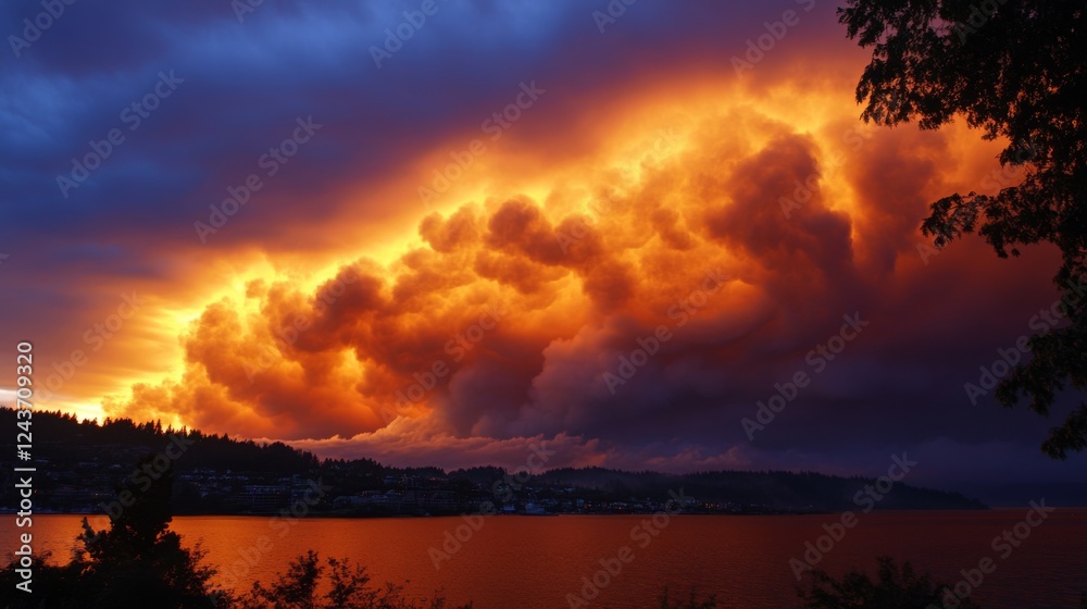 Fototapeta premium Fiery Sunset over the Lake with Dramatic Cloudscape