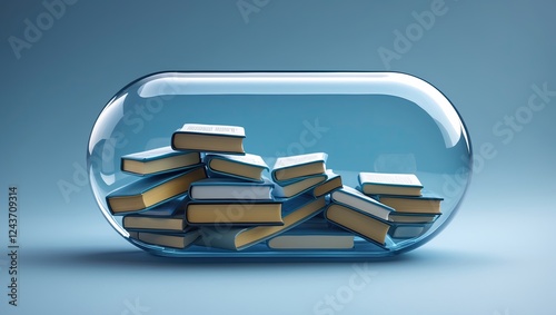 Stacked Books Inside Transparent Capsule on Blue Background