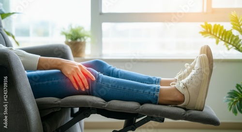 A woman is sitting in a chair with her leg propped up on a foot rest