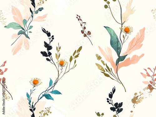 Elegant Botanical Watercolor Print: A Seamless Pattern of Delicate Flowers and Leaves photo