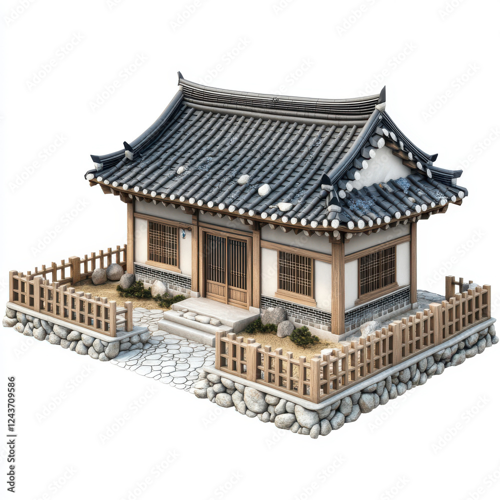 Traditional Korean house with tiled roof and wooden fence, surrounded by stones and plants, showcasing cultural architecture and serene outdoor space Traditional Korean house with tiled roof and wooden fence, surrounded by stones and plants, showcasing cultural architecture and serene outdoor space
