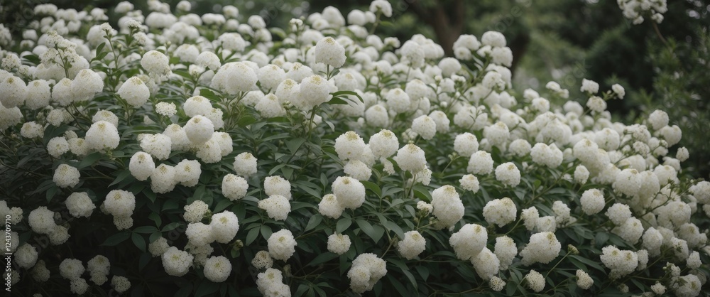 Lush white flowering bush creating a serene natural backdrop with ample empty space for overlay text or branding. Lush white flowering bush creating a serene natural backdrop with ample empty space for overlay text or branding.