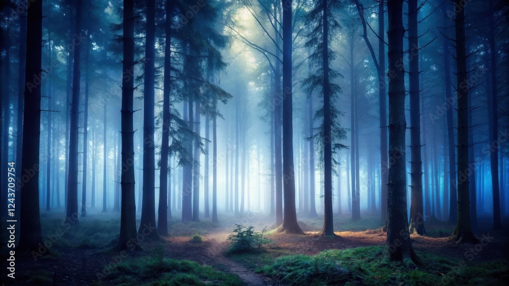 Fototapeta premium A dimly lit forest with tall trees and foggy atmosphere, creating an eerie ambiance at night , woods, darkness, woods