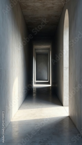 Vast gray wall, minimalist hallway Smooth concrete floor, bright light , background, space