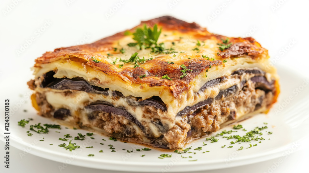 Close-up of delicious moussaka slice with rich layering and garnish on plate Close-up of delicious moussaka slice with rich layering and garnish on plate