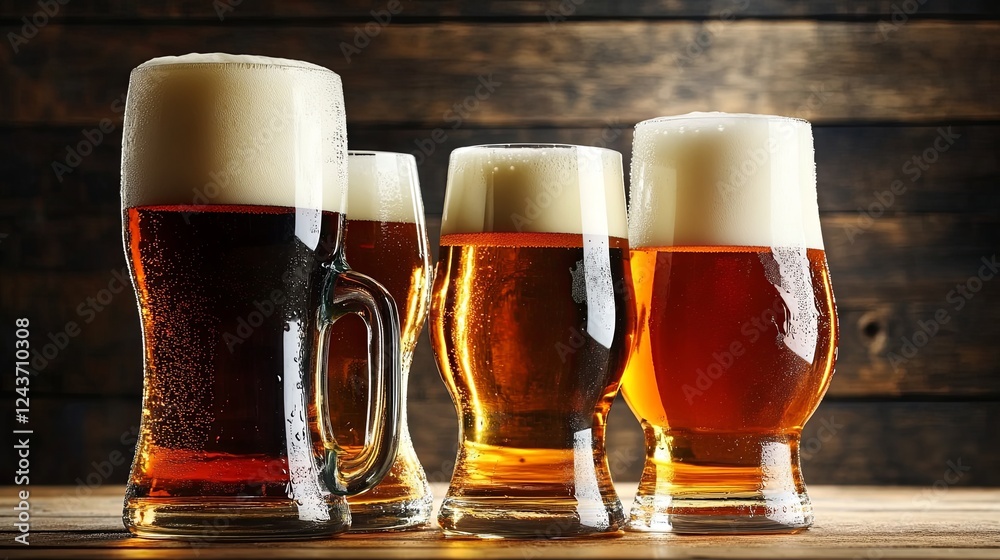 Four Glasses of Beer on a Wooden Surface, Creating a Cozy and Rustic Atmosphere, Ideal for a Relaxing Evening
Four Glasses of Beer on a Wooden Surface, Creating a Cozy and Rustic Atmosphere, Ideal for a Relaxing Evening