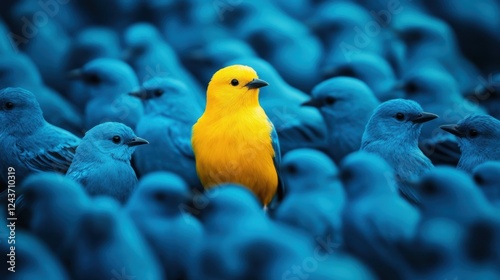 Bold Individuality - Yellow Bird Standing Out Among Blue Birds Representing Courage and Uniqueness