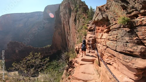 Panoramic view of Zion National Park featuring the Angels Landing hiking trail with breathtaking cliffs and deep canyons.
