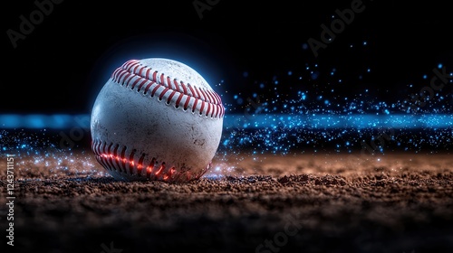 A futuristic baseball field scene depicting a ball in mid flight surrounded by dynamic lighting energy and a high tech sci fi atmosphere