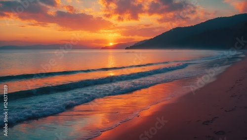 Serene Beach Sunset with Vibrant Orange and Blue Tones Reflecting on Tranquil Waves and Distant Hills at Twilight
