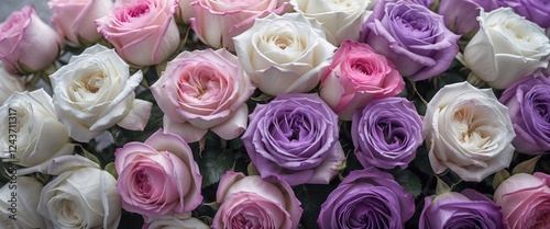 A vibrant assortment of white pink and purple roses arranged beautifully for floral design and decoration purposes