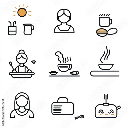 A set line icons related to daily life: breakfast, cleaning, job, meditation, relaxation, self-care, sleep, social, exercise, cooking, and more Editable stroke