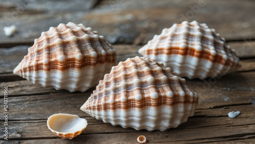 Three decorative whelk shells arranged on a rustic wooden surface with empty space for text or design elements.