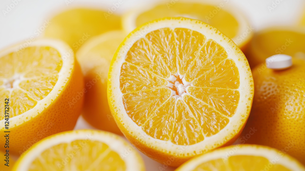 Fototapeta premium Fresh oranges and vitamin c tablet for healthy living and nutritional boost