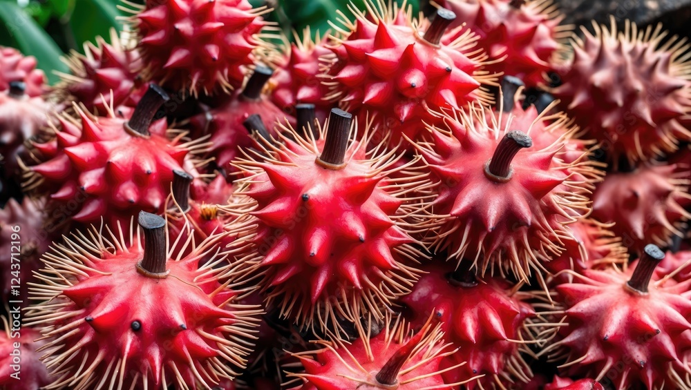 Fototapeta premium Close-up view of vibrant red rambutans showcasing their spiky textured skin, highlighting their unique and exotic appearance.