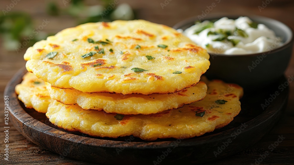 A beautifully arranged glowing platter of thalipeeth, served with a bowl of curd, pickle, and a drizzle of ghee. The golden texture of the flatbread contrasts with the colorful sides A beautifully arranged glowing platter of thalipeeth, served with a bowl of curd, pickle, and a drizzle of ghee. The golden texture of the flatbread contrasts with the colorful sides