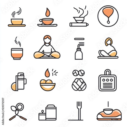 A set line icons related to daily life: breakfast, cleaning, job, meditation, relax, self-care, sleep, social, exercise, cooking, and more Vector editable stroke