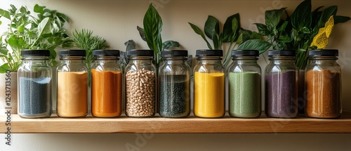 A collection of natural probiotics and supplements in glass bottles photo