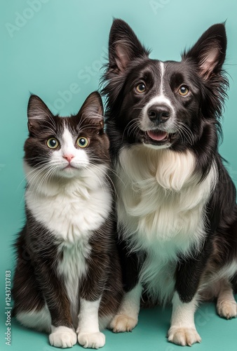 Adorable cat and dog duo posing together in front of a vibrant teal background showcasing their playful friendship and unique personalities