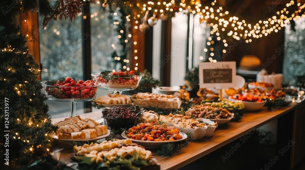 A beautifully arranged holiday buffet table with festive lights and delicious seasonal dishes A beautifully arranged holiday buffet table with festive lights and delicious seasonal dishes