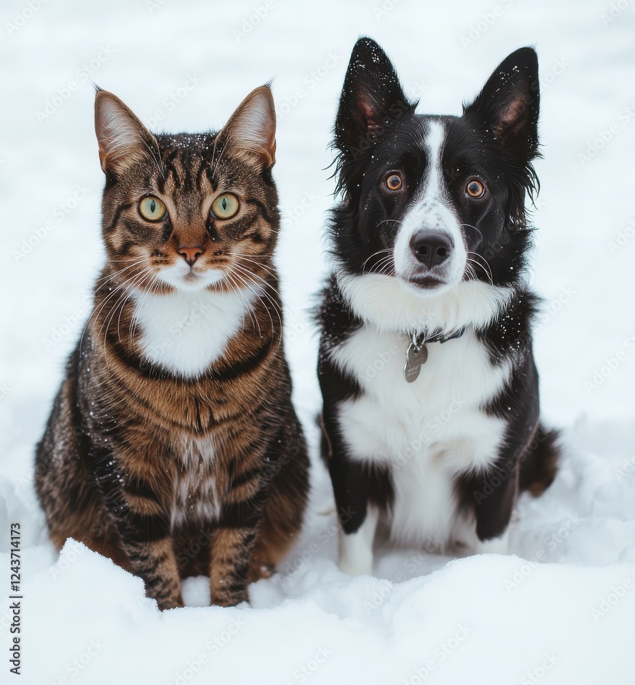 Adorable Cat and Dog Pair Sitting Together in Snowy Landscape, Capturing Winter Bonding Moments and the Joy of Animal Companionship Adorable Cat and Dog Pair Sitting Together in Snowy Landscape, Capturing Winter Bonding Moments and the Joy of Animal Companionship