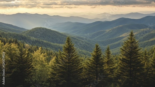 Serene Landscape of Pine-Covered Mountains Bathed in Gentle Sunlight