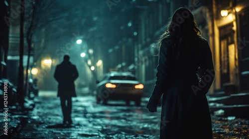 Woman walking away from man on dark city street at night