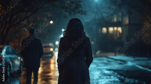 Woman walking away from man on rainy city street at night