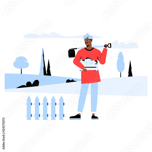 Male Farmer Holding Farming Tools In Flat Vector Illustration Symbolizing Agriculture, Rural Work, And Sustainable Farming, Isolated On White Background