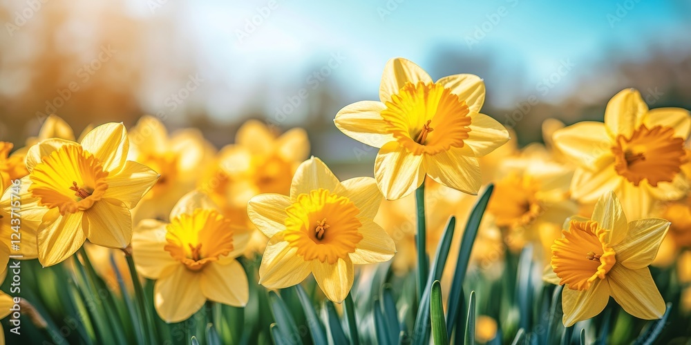 Sunlit Field of Brilliant Yellow Daffodils in Bloom, Spring Floral Background with Blue Skies Sunlit Field of Brilliant Yellow Daffodils in Bloom, Spring Floral Background with Blue Skies