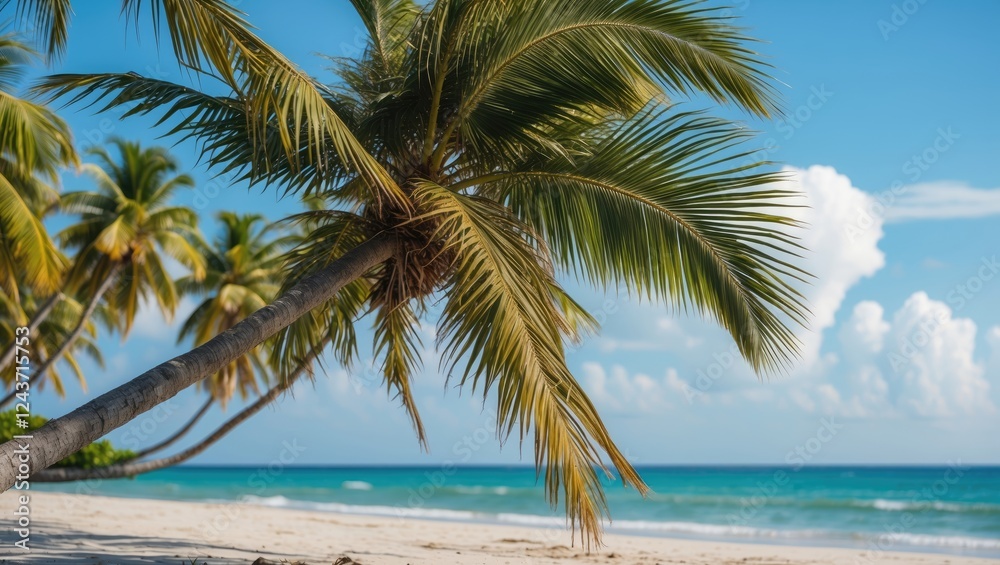 Tropical Beach Scene with Leaning Palm Tree Branch Against Clear Blue Sky and Ocean Waves for Relaxing Background Decor Tropical Beach Scene with Leaning Palm Tree Branch Against Clear Blue Sky and Ocean Waves for Relaxing Background Decor