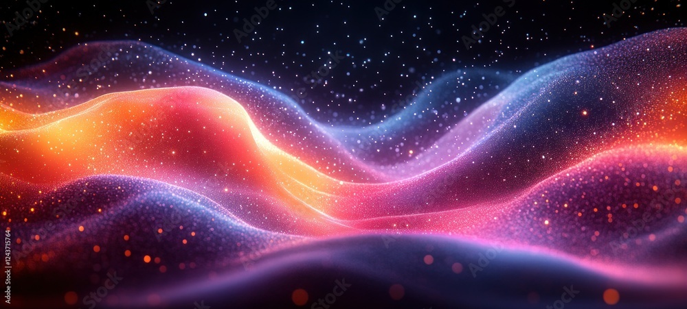 Fototapeta premium Dynamic Wave Pattern of Glowing Dots in Purple and Teal Gradient on Black Background
