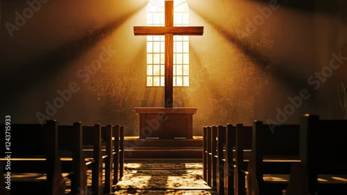 Sunlight streaming through church windows illuminating empty benches and wooden cross