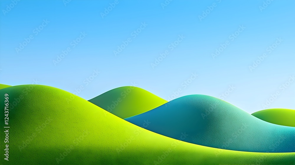Obraz premium A Vibrant Landscape of Rolling Green and Blue Hills Under a Clear Sky. The simplicity and vivid colors make it visually appealing and calming, evoking a sense of tranquility and natural beauty.