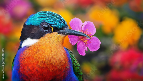 a vibrant bird with a bloom in its beak graces a multihued canvas photo