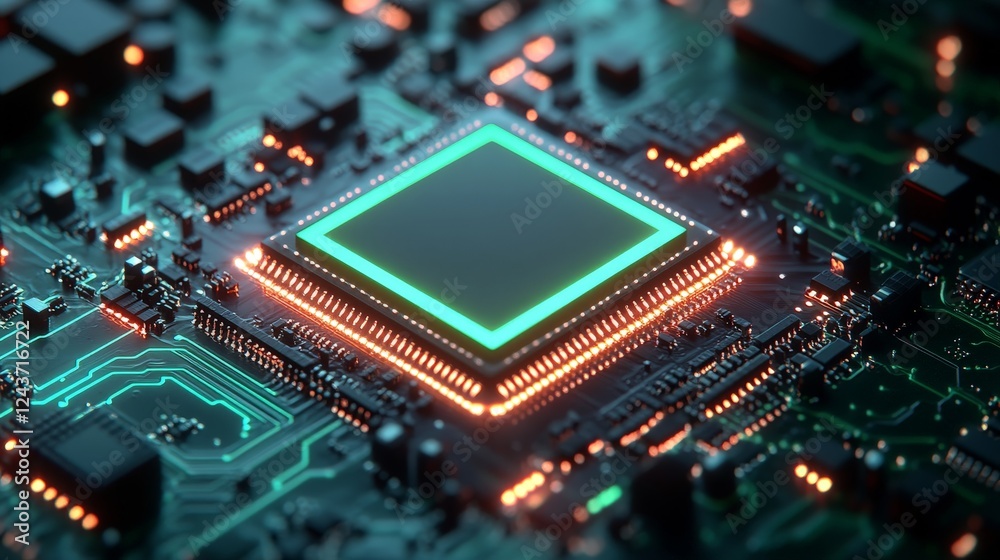 Fototapeta premium A futuristic digital circuit board with glowing lines and microchips, representing technological advancement and innovation. Perfect for tech-related content, cybersecurity, and AI themes.