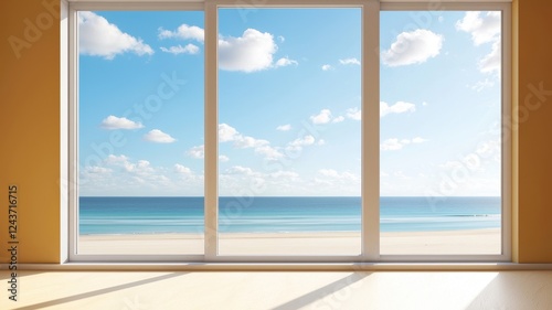 Space Tourism Service. Bright room with large windows overlooking a serene beach and blue sky.