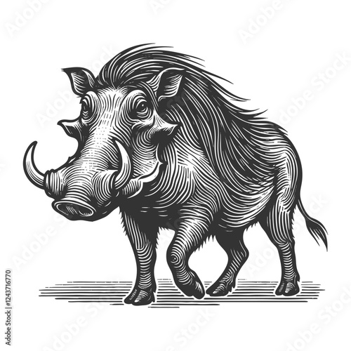  warthog standing in tall grass, depicted in a classic engraving style with fine details sketch engraving generative ai vector illustration. Scratch board imitation. Black and white image.