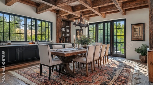 Rustic dining room with large windows, wooden beams, and antique rug.
