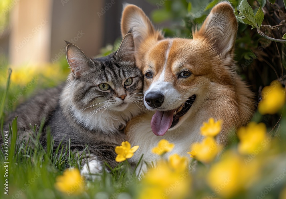 Adorable Corgi Dog and Fluffy Cat Relaxing Together in a Flower-filled Garden Setting, Capturing Their Playful and Affectionate Nature Adorable Corgi Dog and Fluffy Cat Relaxing Together in a Flower-filled Garden Setting, Capturing Their Playful and Affectionate Nature